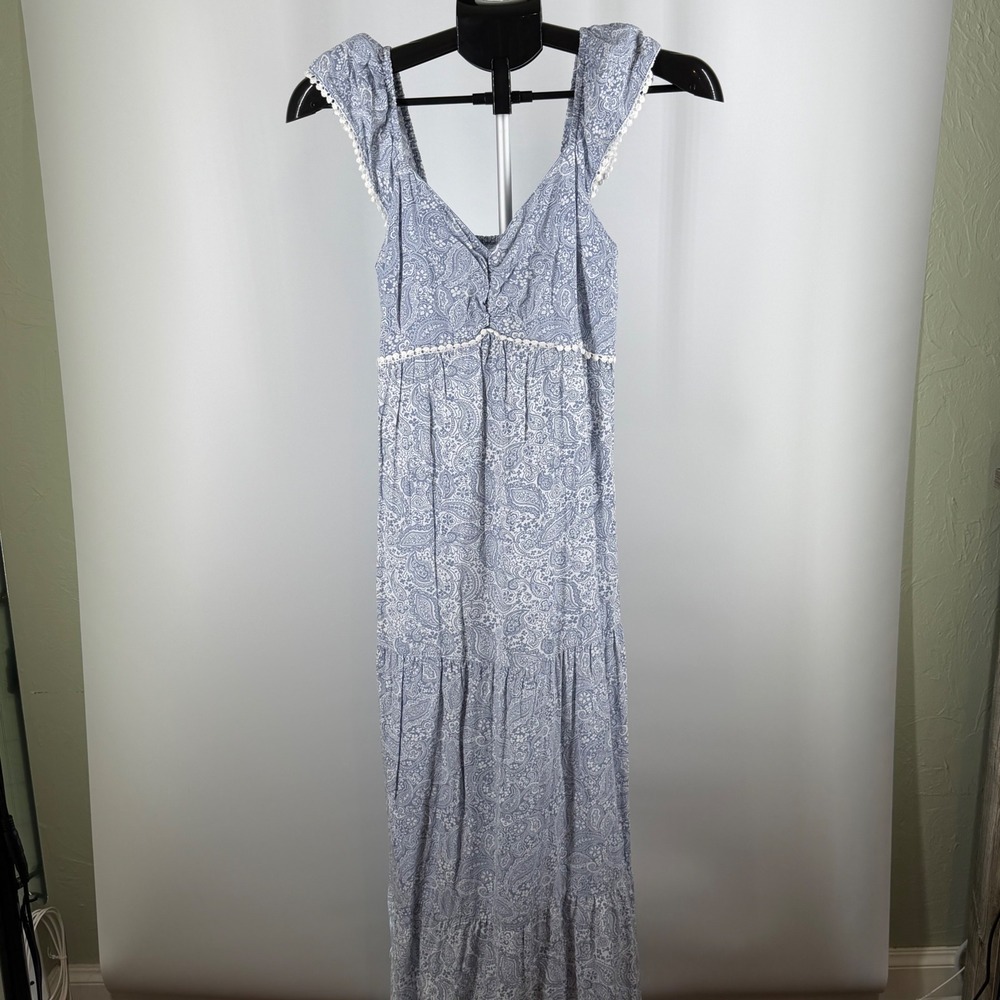 Jessica Simpson Blue Paisley Maxi Dress Smocked Back Pom Pom Trim Womens M‎
